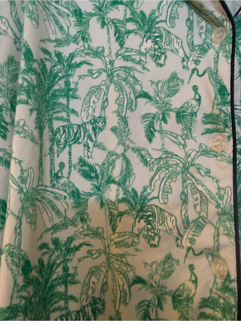 Green Palm-Print Two-Piece Pajama Set with Navy Trim - Picture 3 of 6